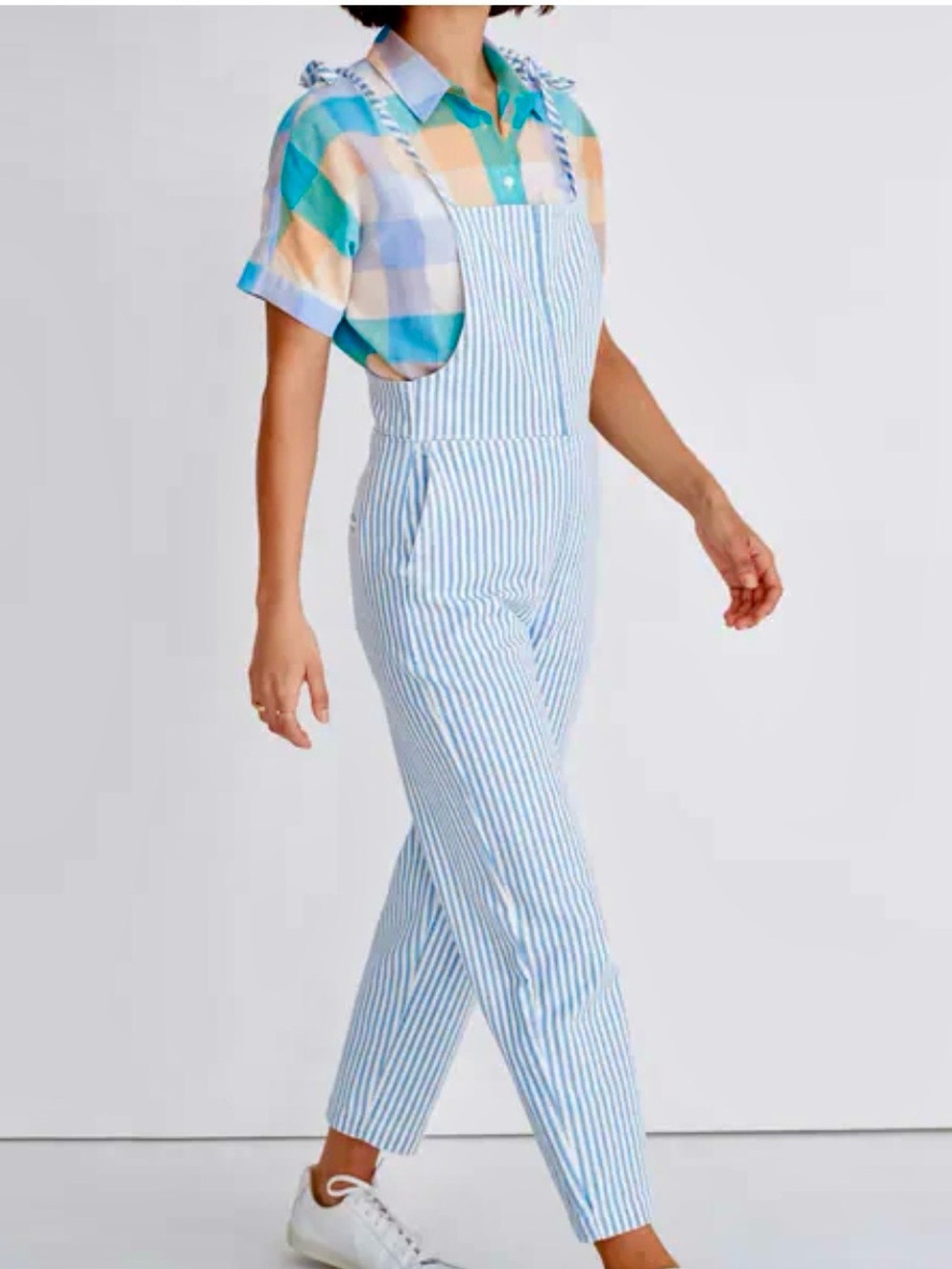 NEW XS Madewell Tie-Strap Overalls Railroad Stripe Light Blue Jumpsuit Denim NWT - Picture 3 of 6